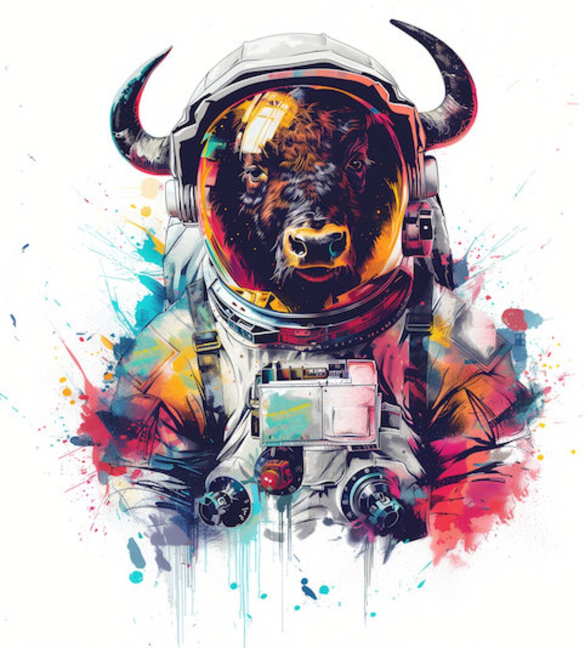Buffalo Astronaut Watercolor Horned Helmet Animal Art Poster - Image 3