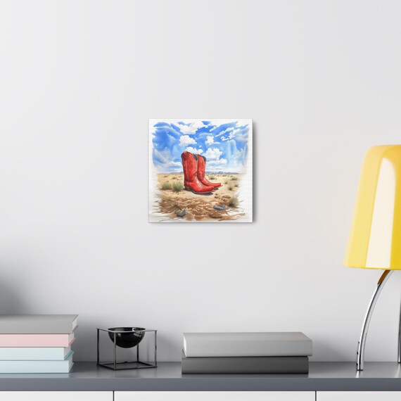 Bright Red Cowboy Boots Desert Sky Bold Western Watercolor Poster
