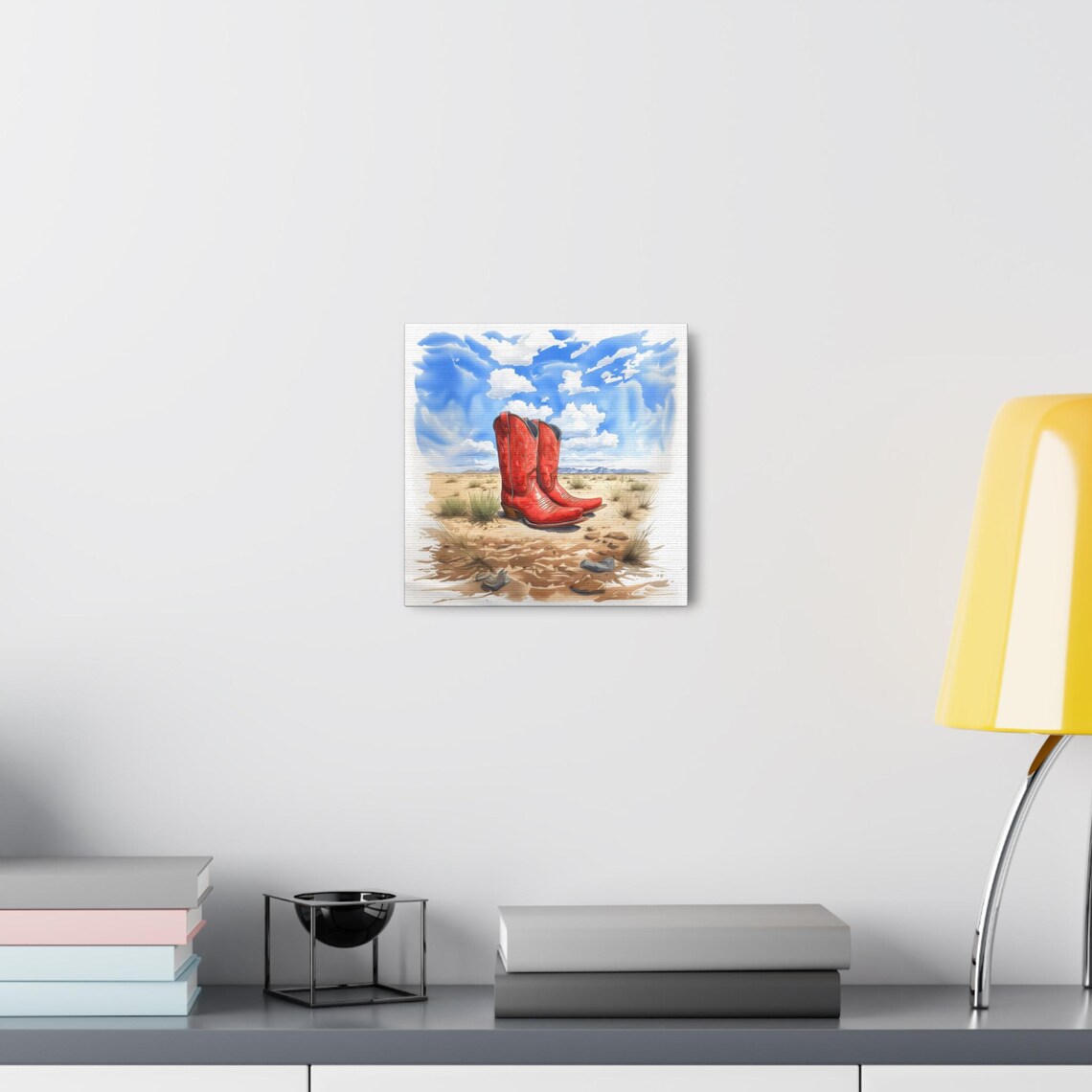 Bright Red Cowboy Boots Desert Sky Bold Western Watercolor Poster