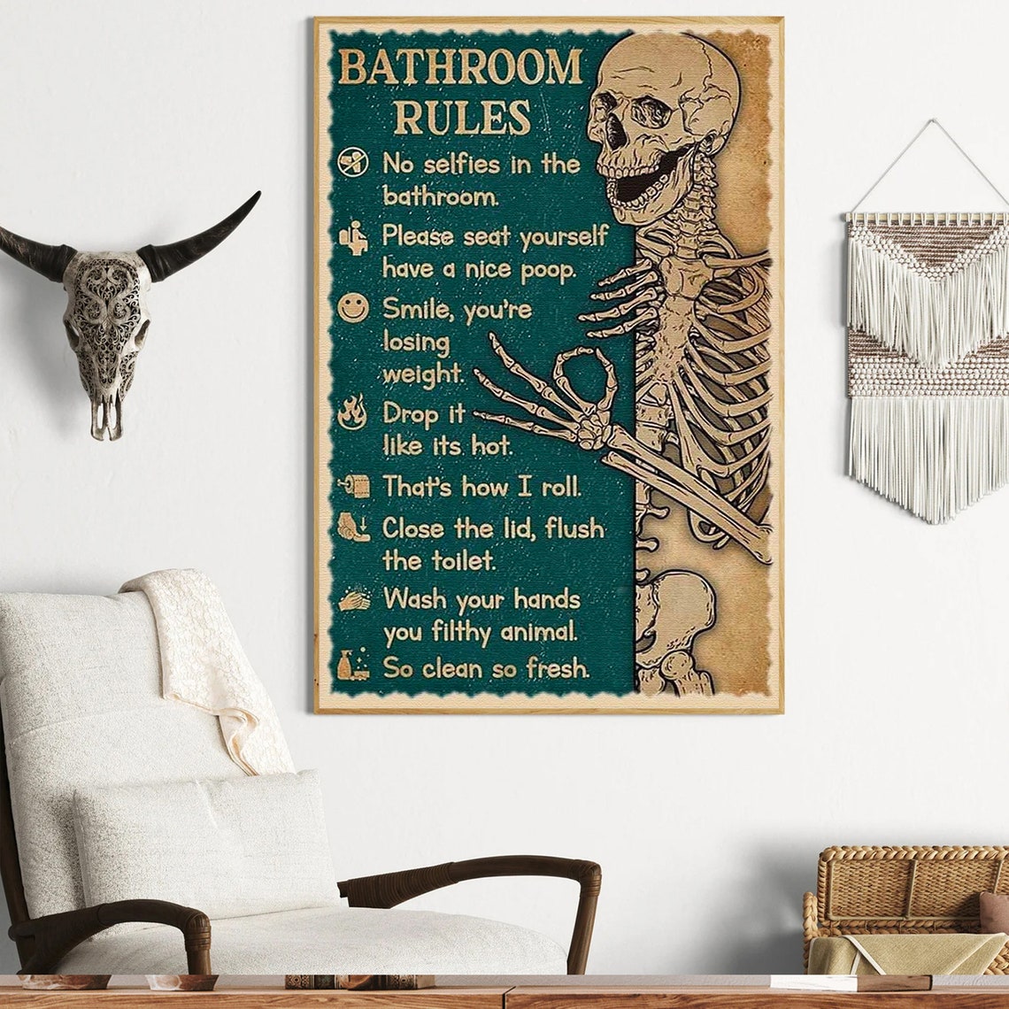 Bathroom Rules Funny Skeleton Toilet Humor Vintage Wall Poster - Image 3