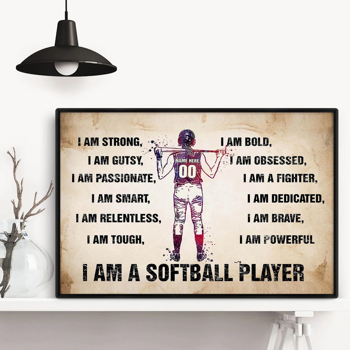 Softball Girl Watercolor I Am Strong Player Affirmation Poster - Image 3