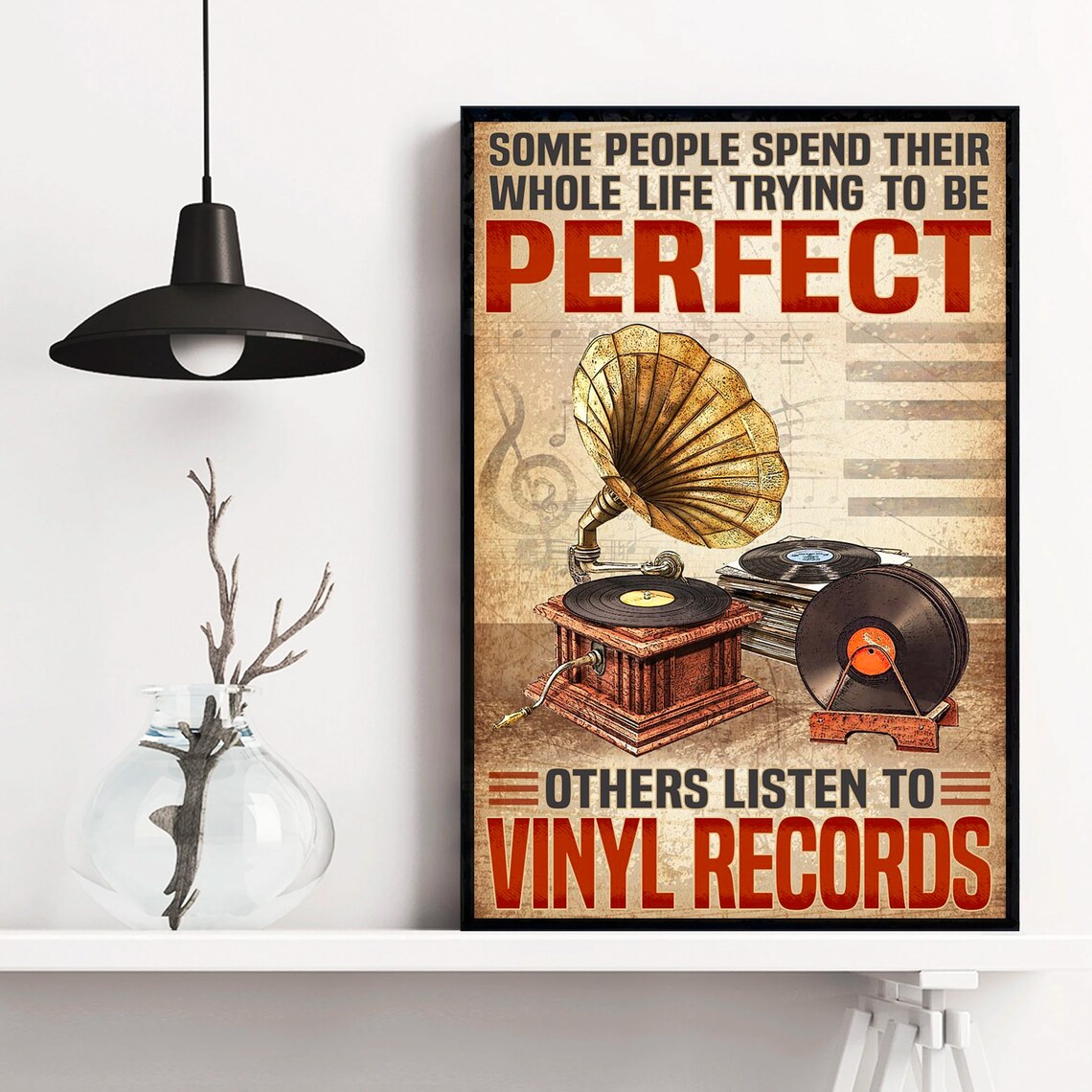 Vintage Gramophone With Vinyl Records Music Lover Quote Poster - Image 4