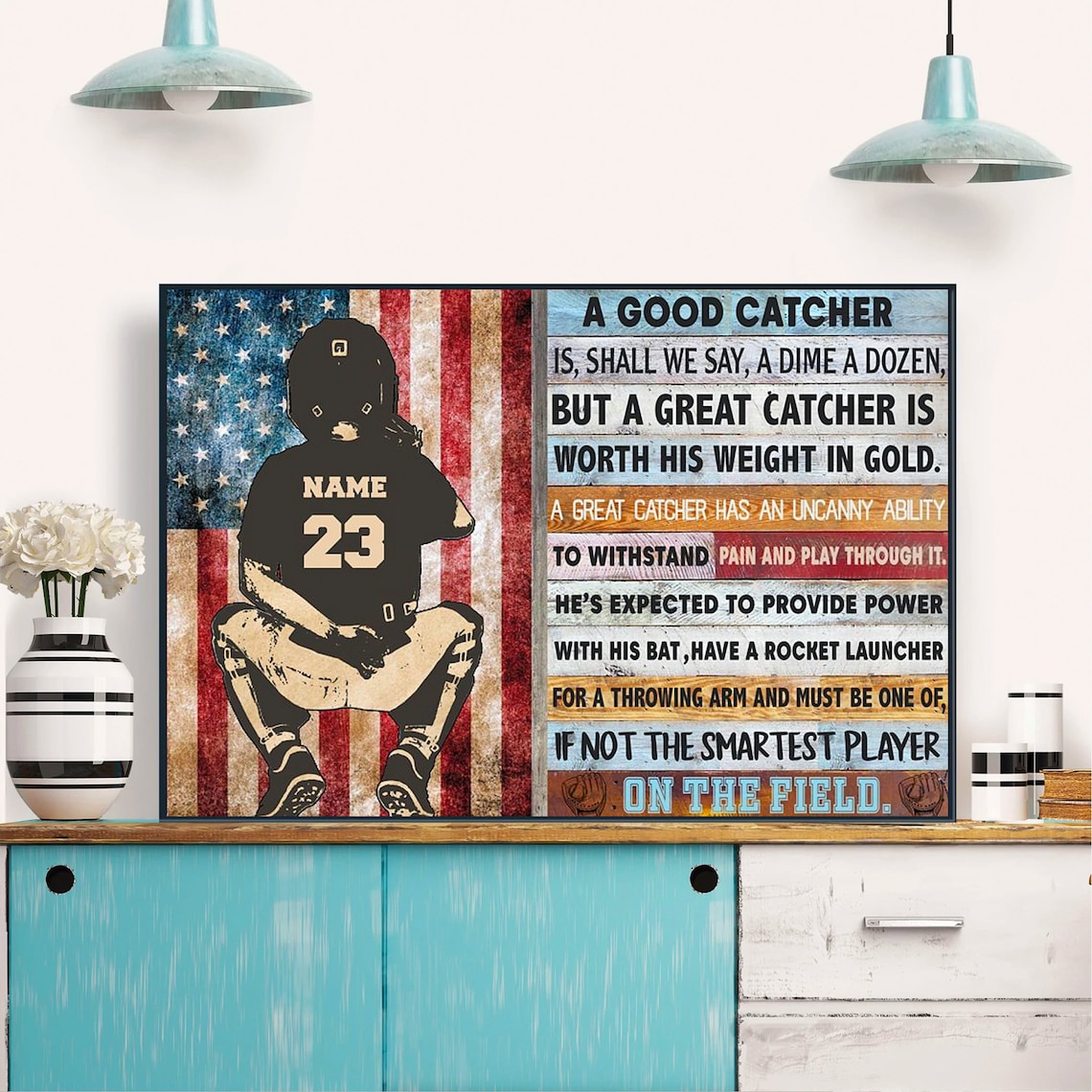 A Good Catcher American Flag Baseball Vintage Sports Wall Art - Image 2