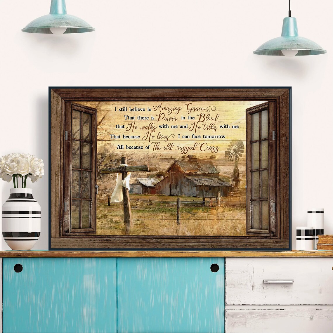 Amazing Grace Old Rugged Cross Barn Window Farmhouse Faith Poster - Image 4