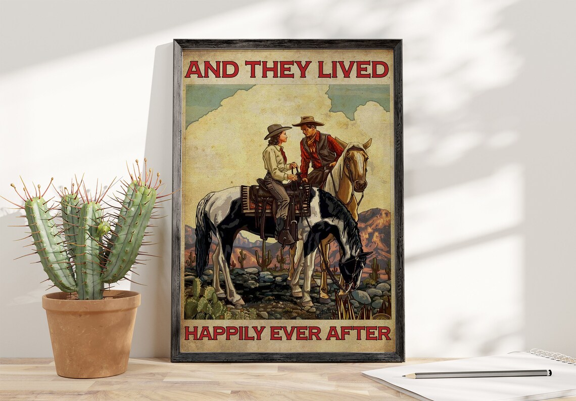 Vintage Retro Cowboy Couple Art Print, Western Decor