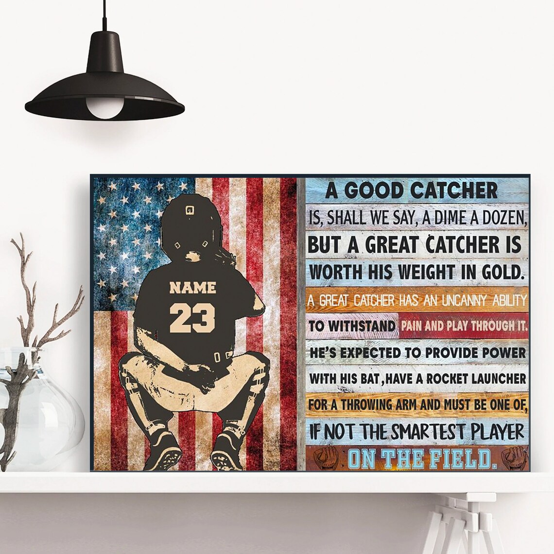 A Good Catcher American Flag Baseball Vintage Sports Wall Art - Image 3