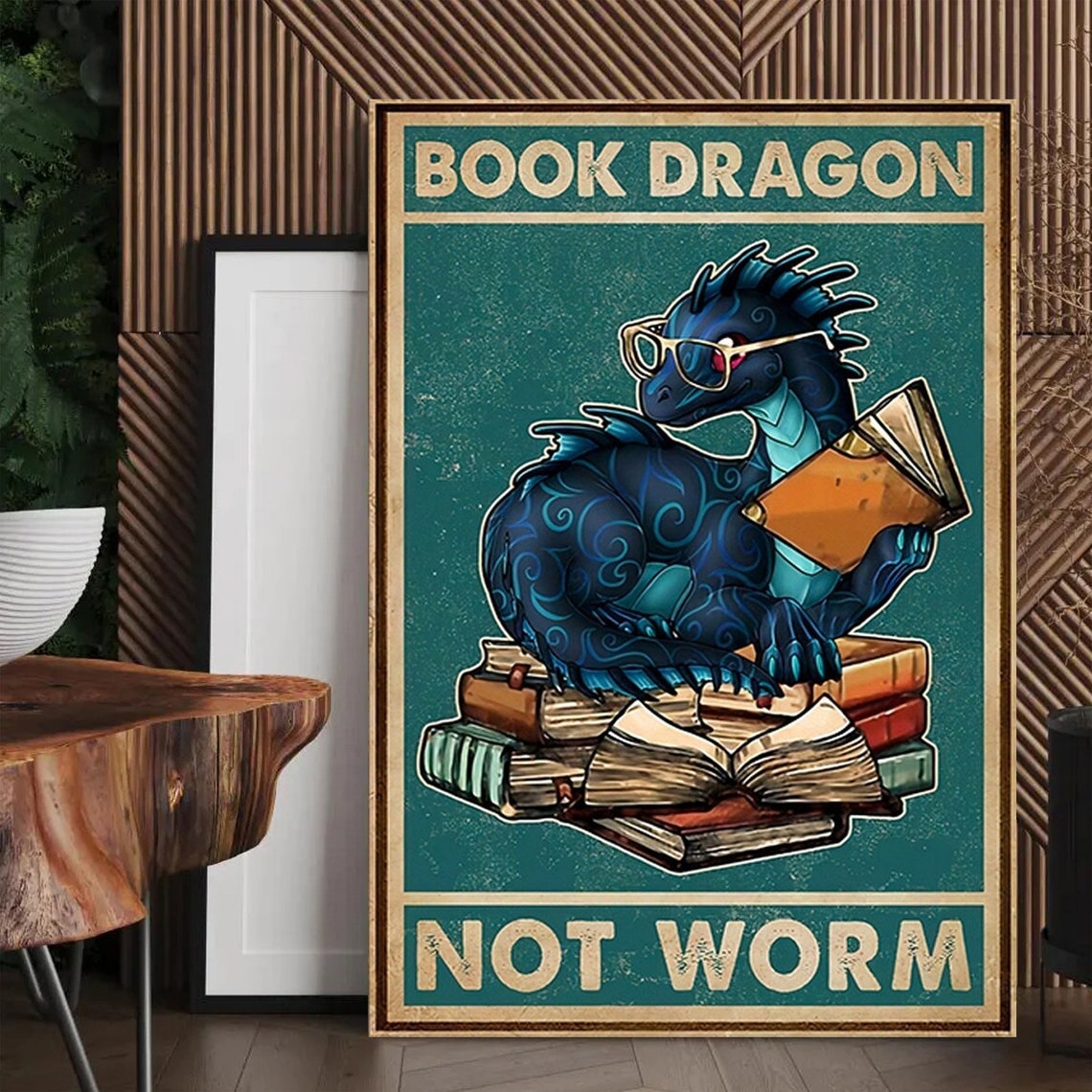 Book Dragon Not Worm Funny Reading Dragon Vintage Library Poster - Image 3