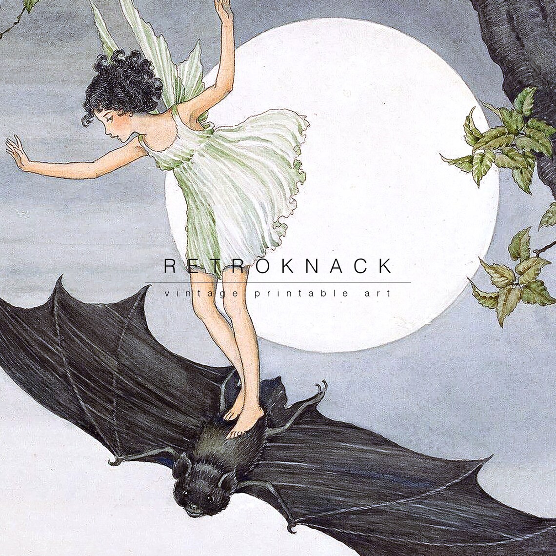 Ida Rentoul Outhwaite Fairy Riding Bat Full Moon Vintage Fantasy Print - Image 2