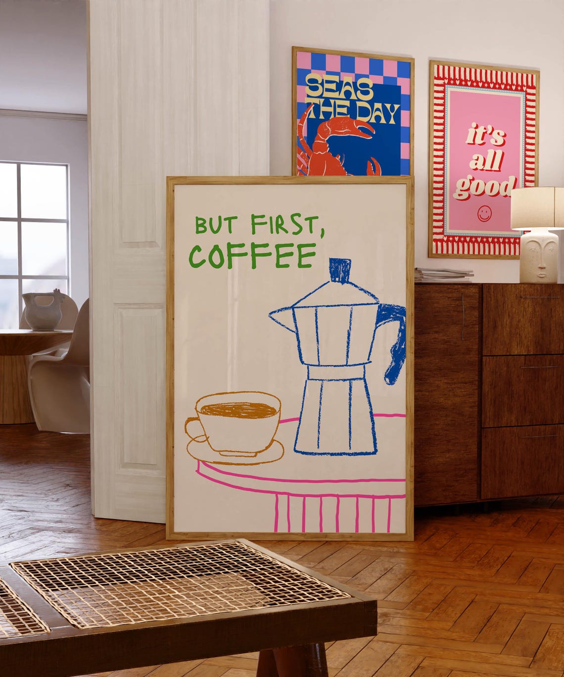 But First Coffee Moka Pot Sketch Green Kitchen Wall Decor Poster