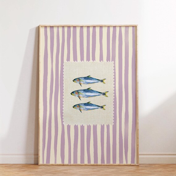 Vintage Sardines Fish Purple Pink Stripe Trendy Kitchen Wall Art Retro Modern Food Home Decor