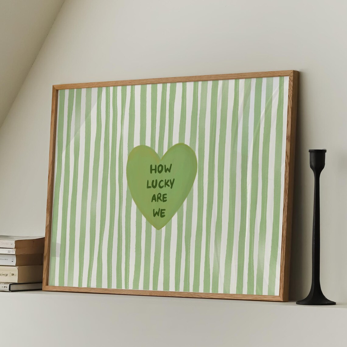 How Lucky Are We Green Heart Sage Striped Boho Calm Quote Poster