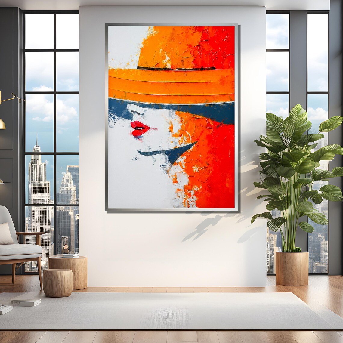 Bold Abstract Woman Orange Hat Red Lips Portrait Painting Poster - Image 3