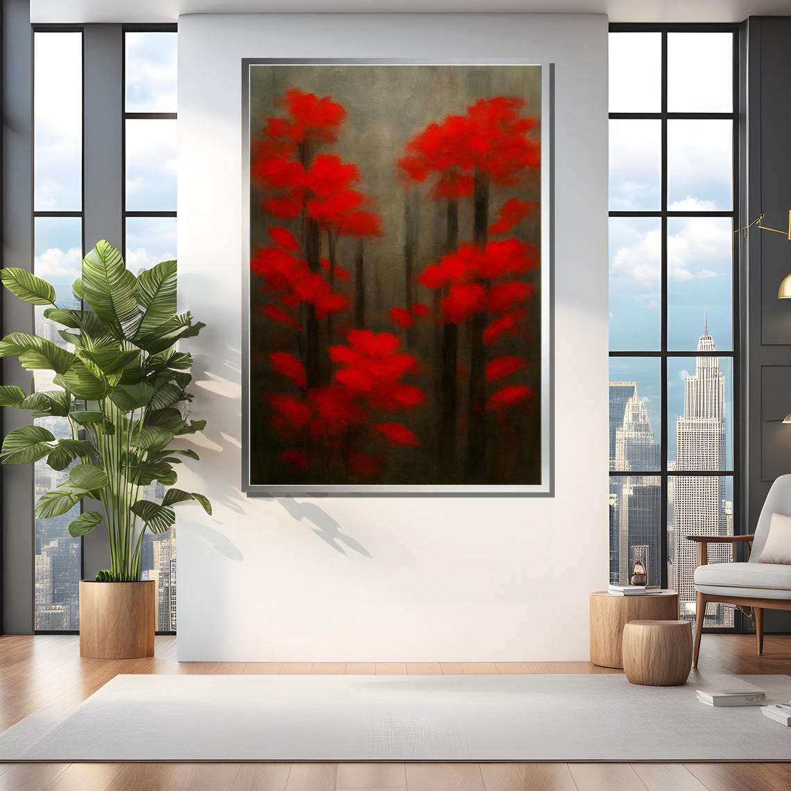 Misty Forest With Vibrant Red Trees Framed Or Unframed Art Print For Elegant Living Room Wall Decor - Image 4