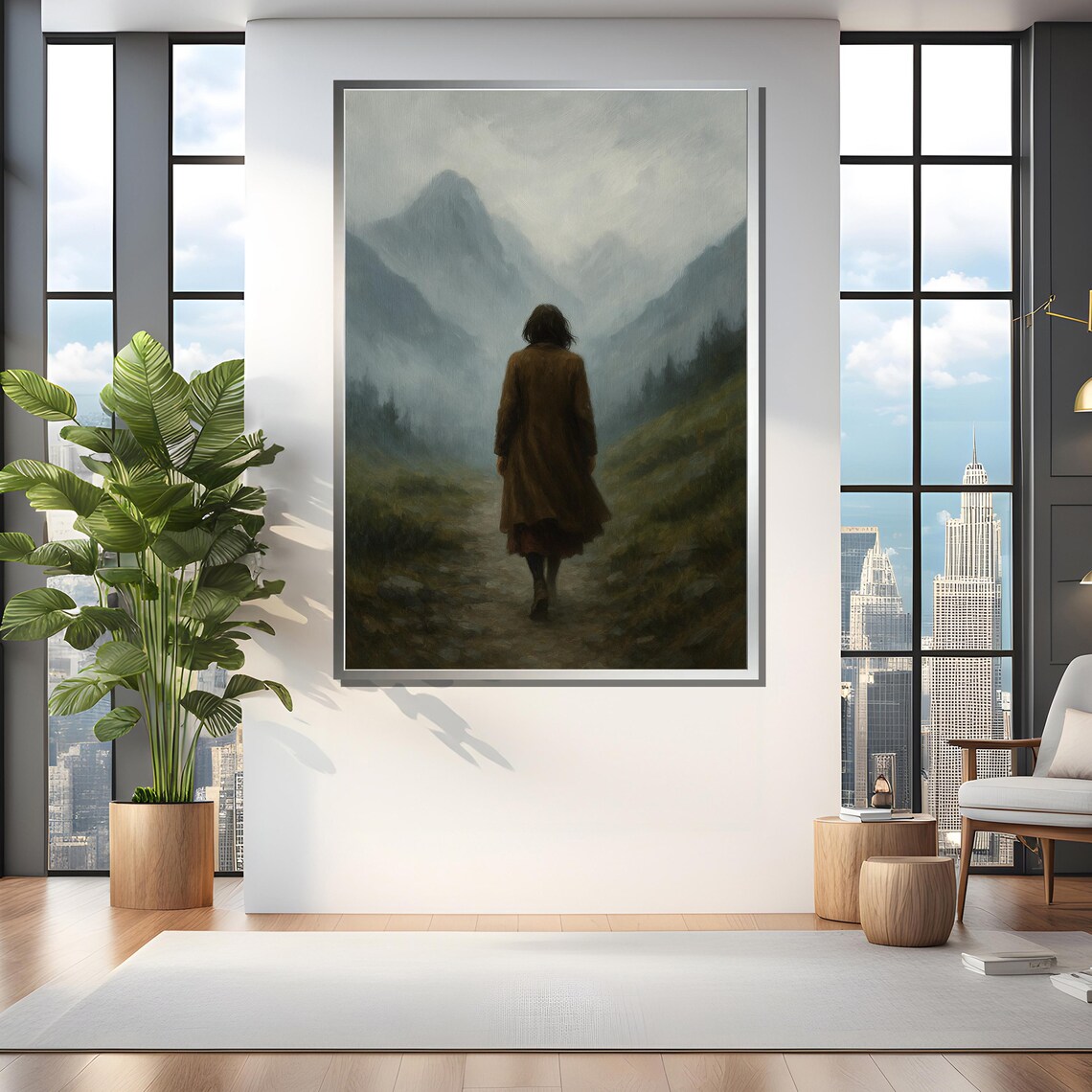 Woman Walking In Misty Mountains Art Print - Image 4