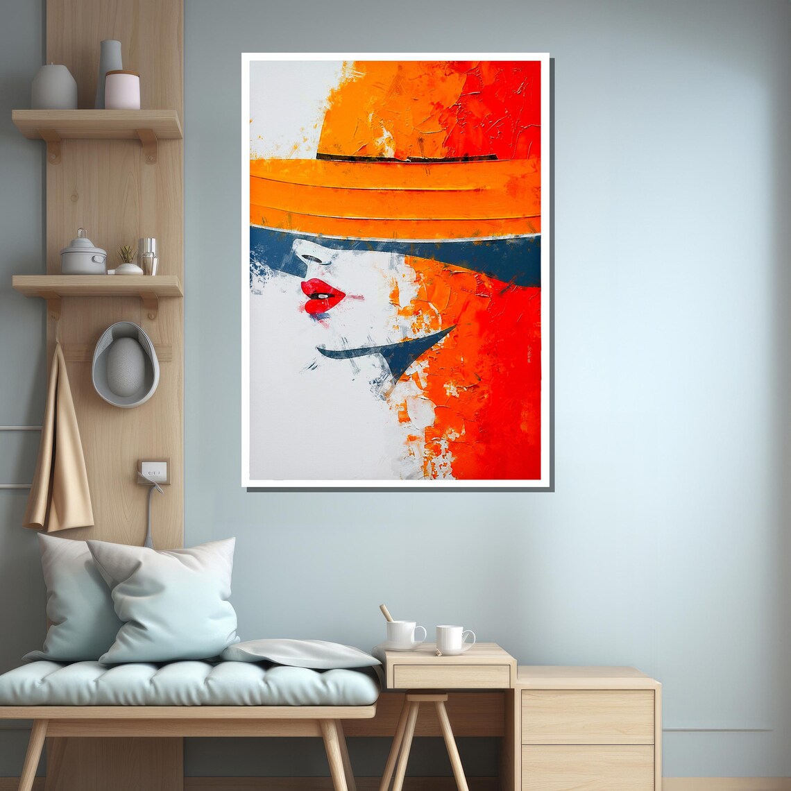 Bold Abstract Woman Orange Hat Red Lips Portrait Painting Poster - Image 2