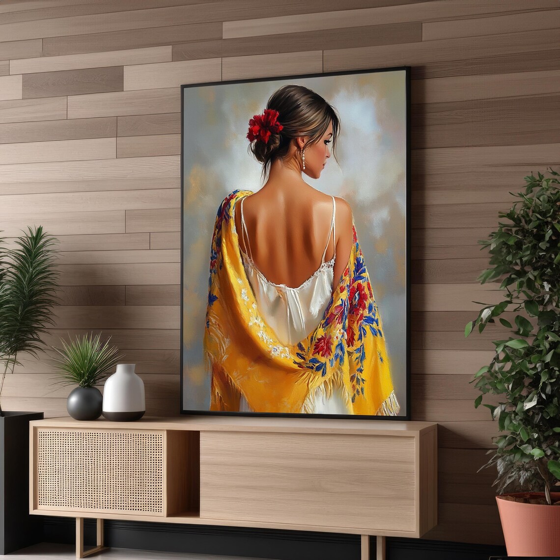 Woman With Yellow Floral Shawl, Elegant Ethnic Decor