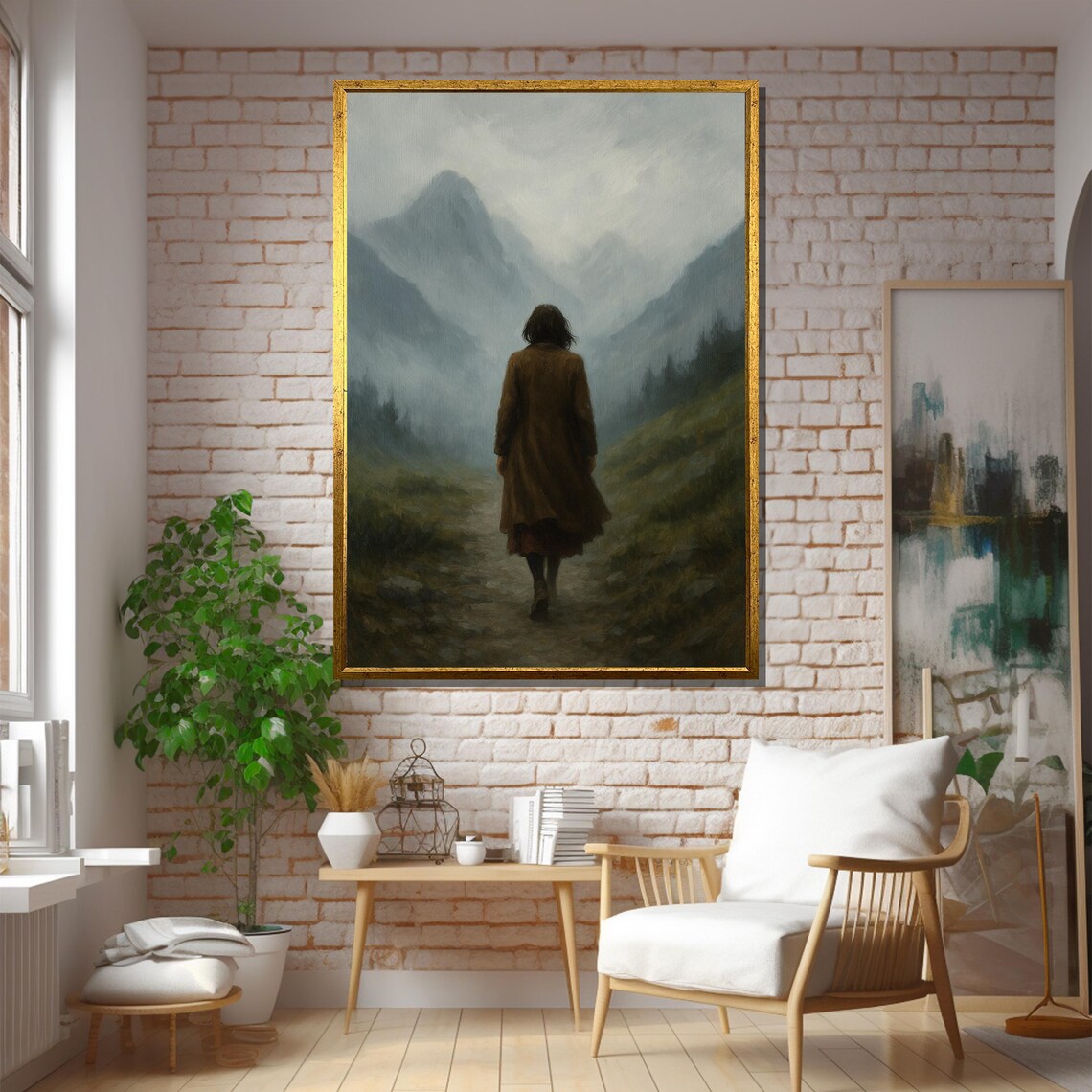 Woman Walking In Misty Mountains Art Print - Image 5
