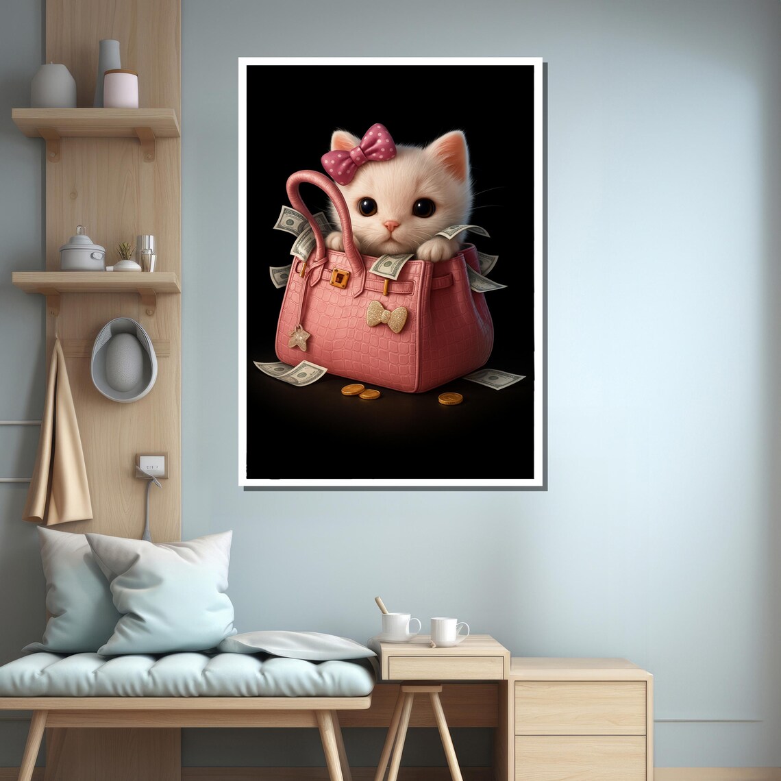 Luxury Cat In Pink Bag, Money Art Print - Image 3