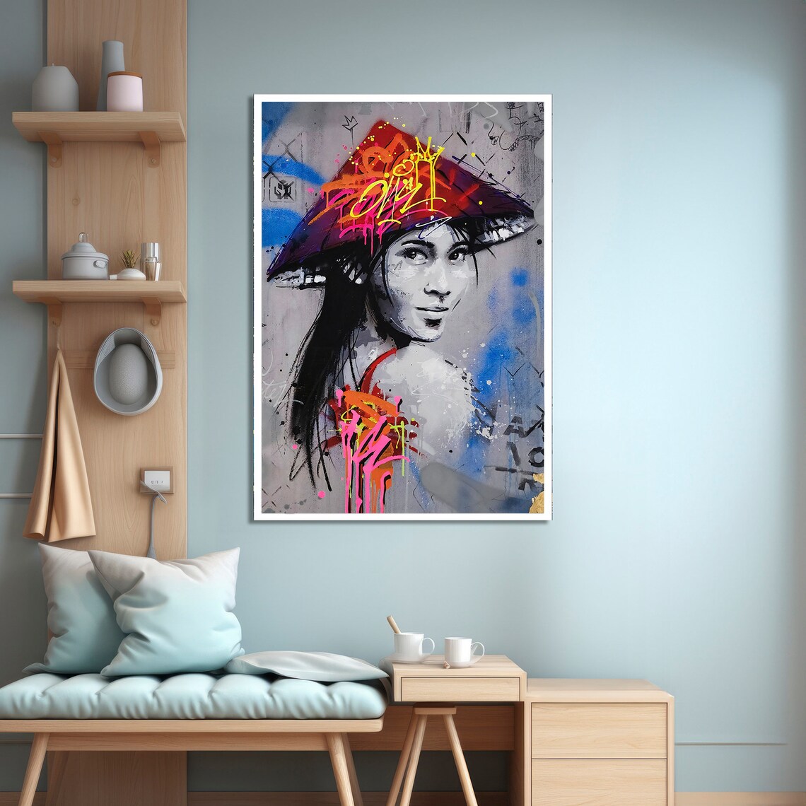 Urban Elegance Graffiti Painting, Asian Woman Portrait - Image 4