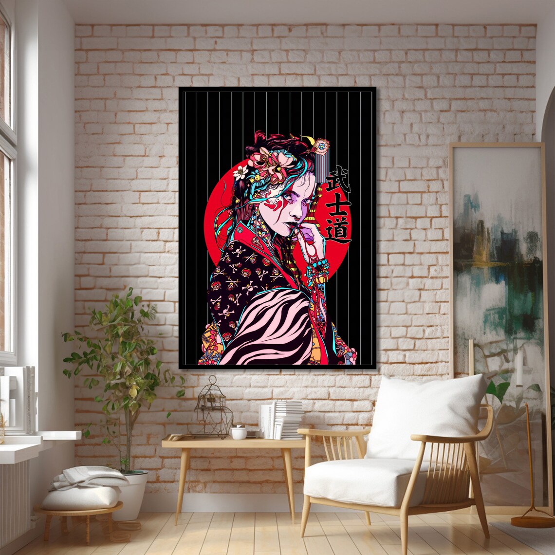 Women Samurai Portrait, Floral Accents Art Print - Image 2