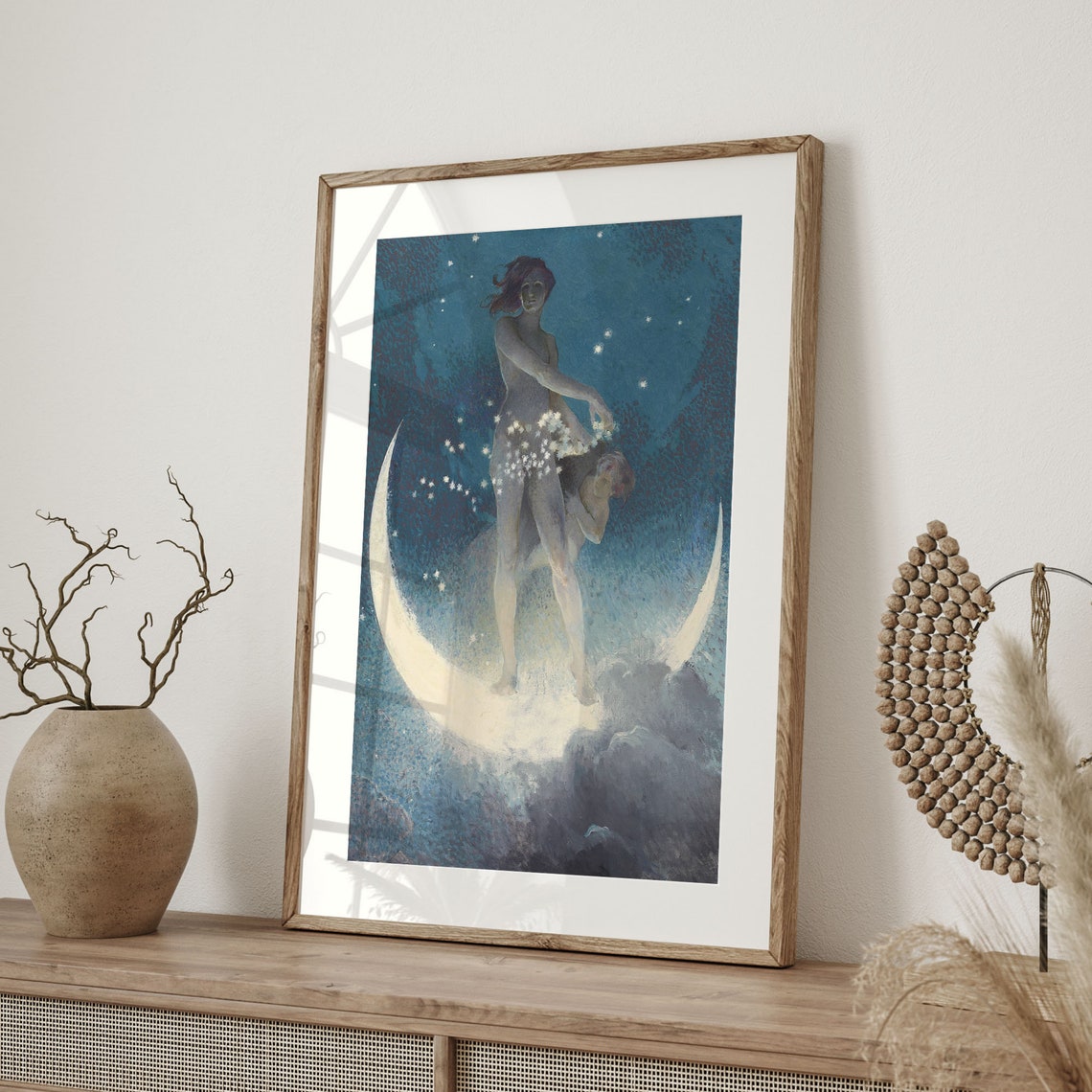 Ethereal Woman Scattering Stars On Crescent Moon Night Sky Art Poster - Image 4