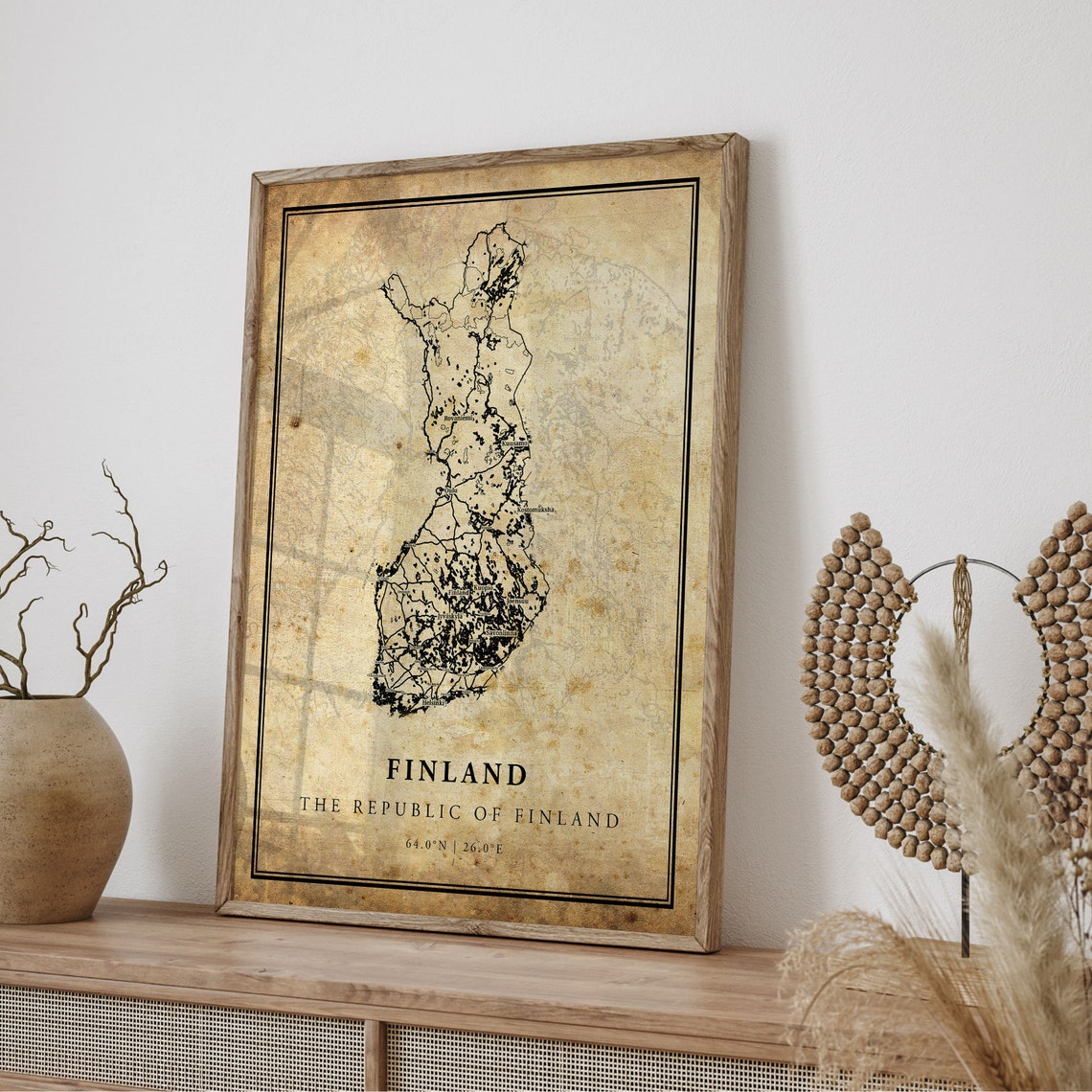 Finland Country Outline Vintage Aged Paper Map With Coordinates Poster - Image 4