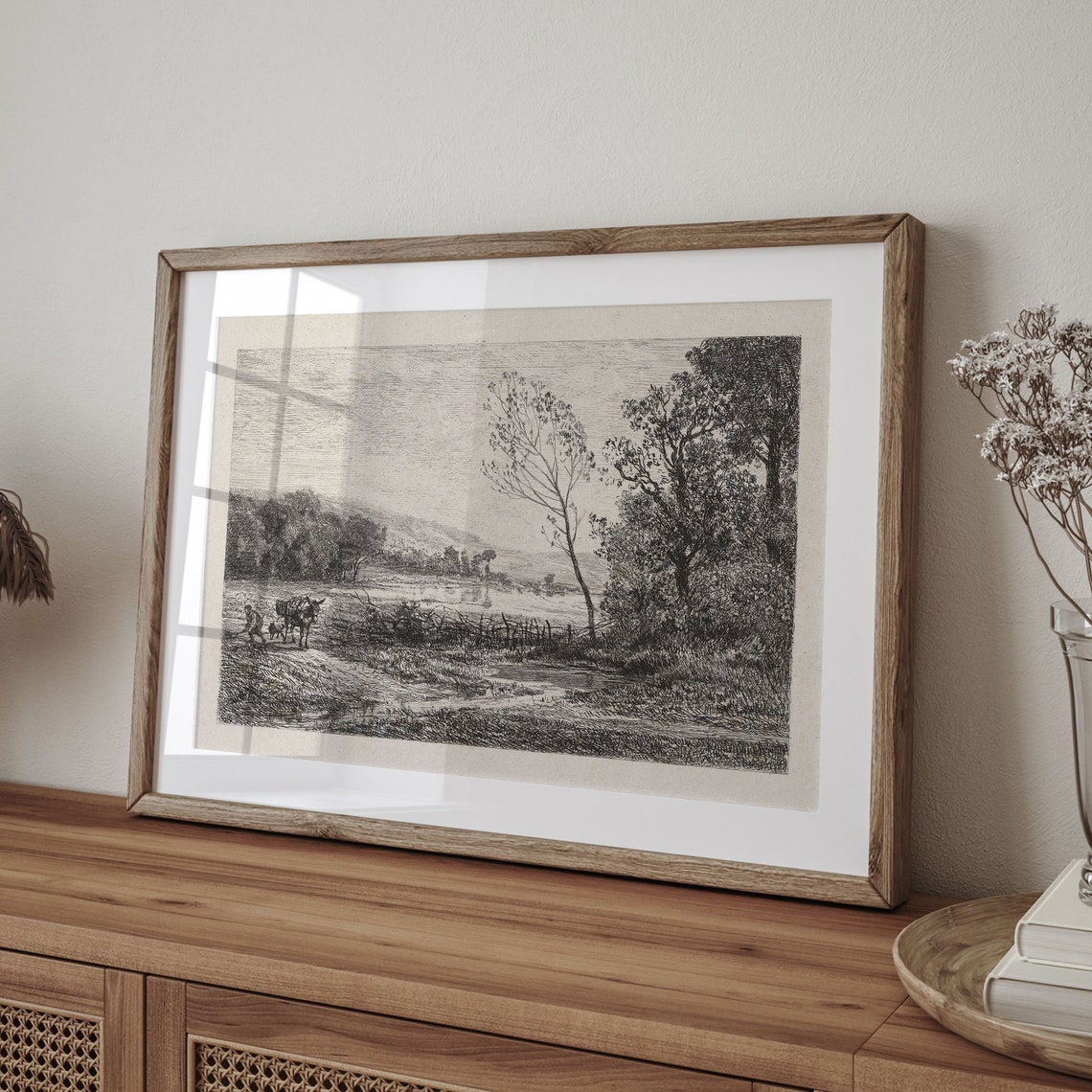 Vintage Black White Rural Path Donkey Etching Antique Art Poster - Image 4