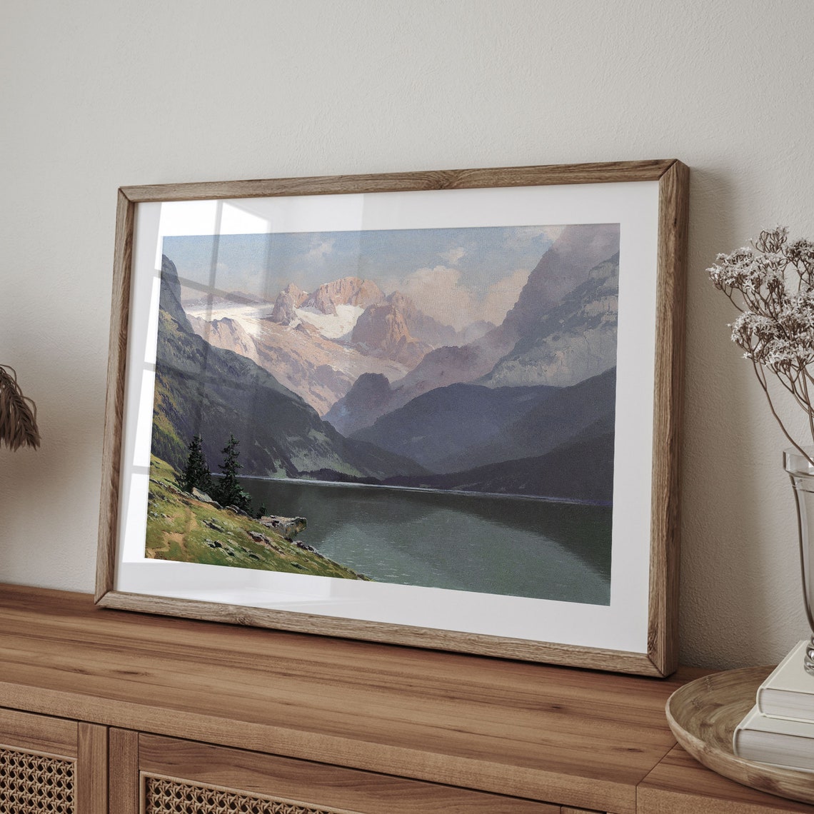 Snowy Alpine Mountain Lake Vintage Nature Landscape Painting Poster - Image 4