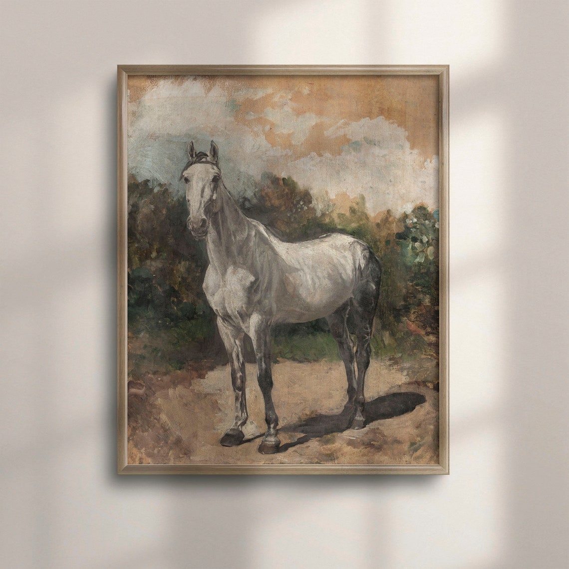 White Horse Standing On Country Path Painterly Equestrian Art Poster
