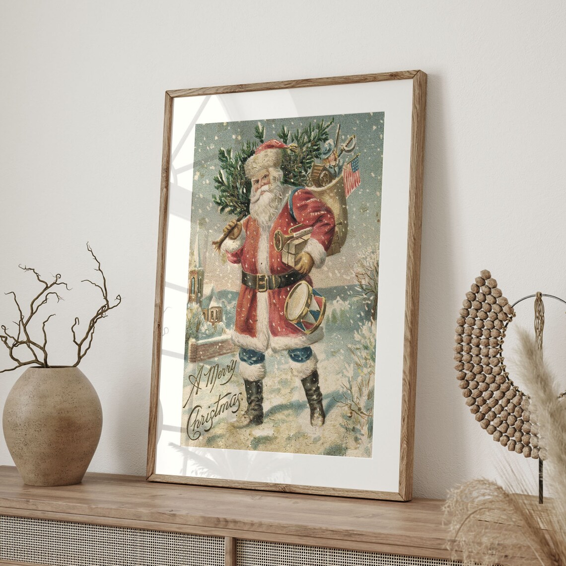 A Merry Christmas Antique Santa Claus Toy Bag Snowy Vintage Art Poster - Image 4