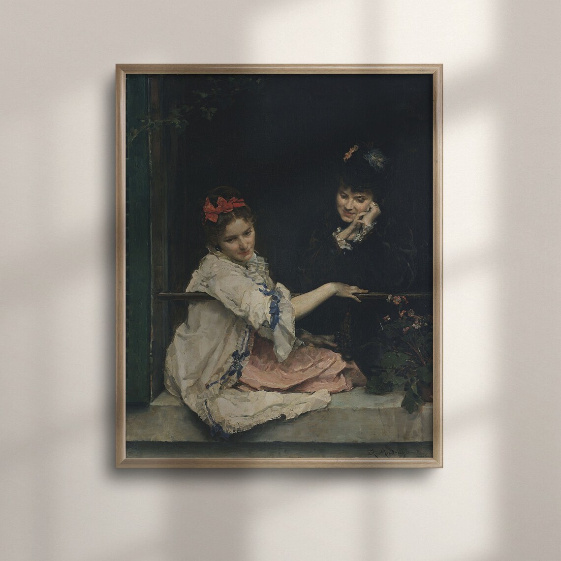Vintage Woman Portrait White Dress Red Bow Antique Interior Scene Poster