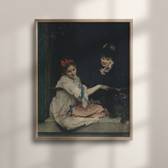 Vintage Woman Portrait White Dress Red Bow Antique Interior Scene Poster