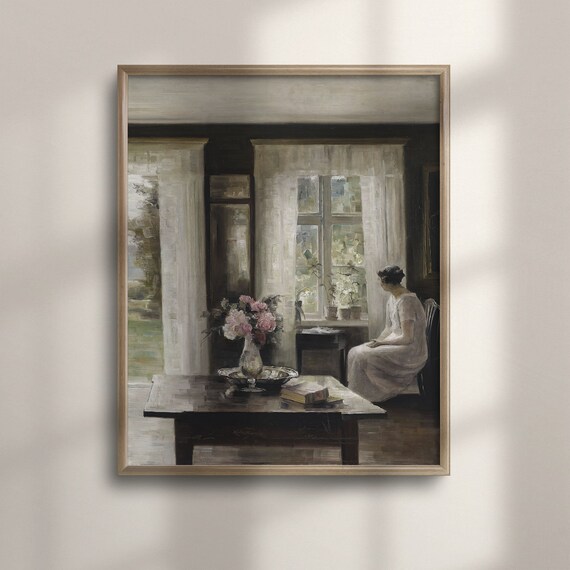 Woman By Window Vintage Interior Quiet Domestic Scene Antique Poster