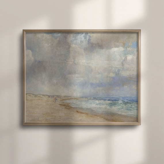 Vintage Beach Seascape Waves Cloudy Sky Couple Walk Art Poster