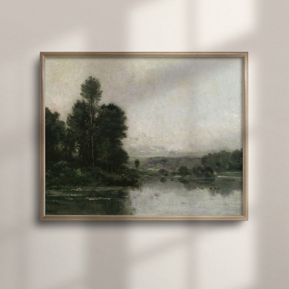 Antique Oil Painting Of River Landscape Vintage Art Country Cottage Lakeside Farmhouse Decor Irish Scenery C16 566