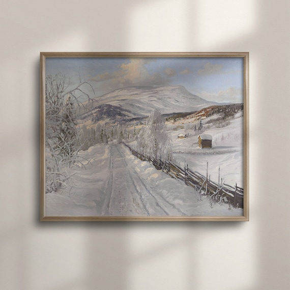 Snowy Winter Mountain Road Vintage Farmhouse Landscape Poster