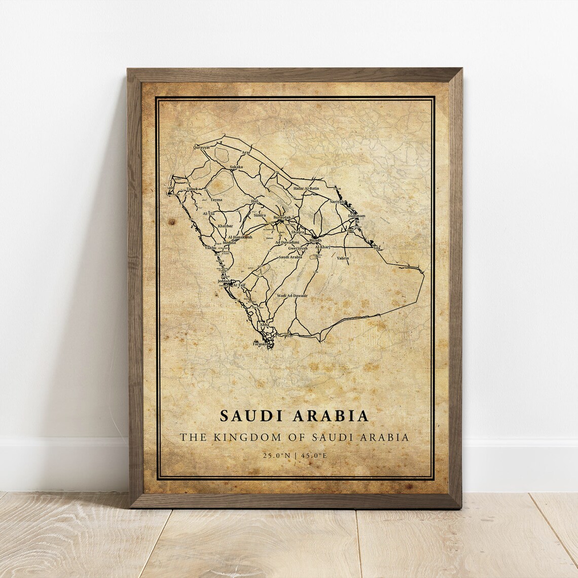 Saudi Arabia Vintage Map Poster, Country Road Map