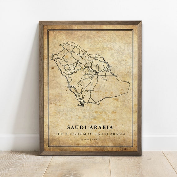 Saudi Arabia Vintage Map Poster, Country Road Map