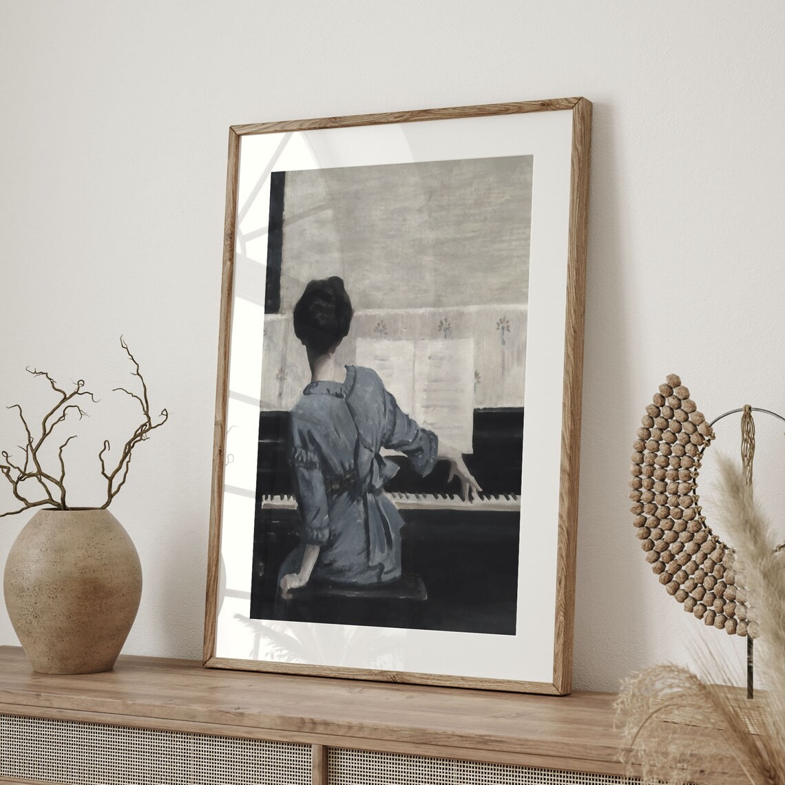 Woman Playing Piano Seen from Behind Muted Vintage Interior Painting Poster - Image 4