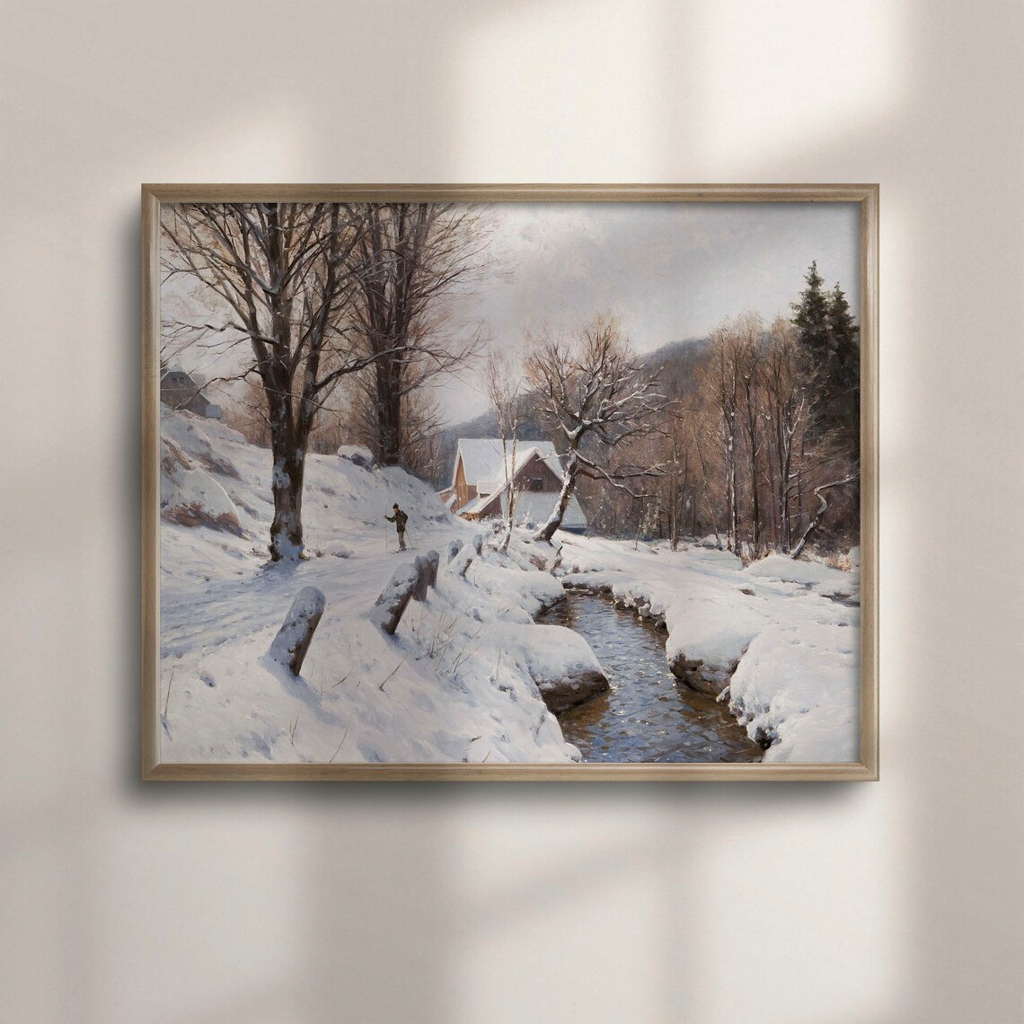 Snowy Winter Stream Farmhouse Vintage Lodge Landscape Painting Poster