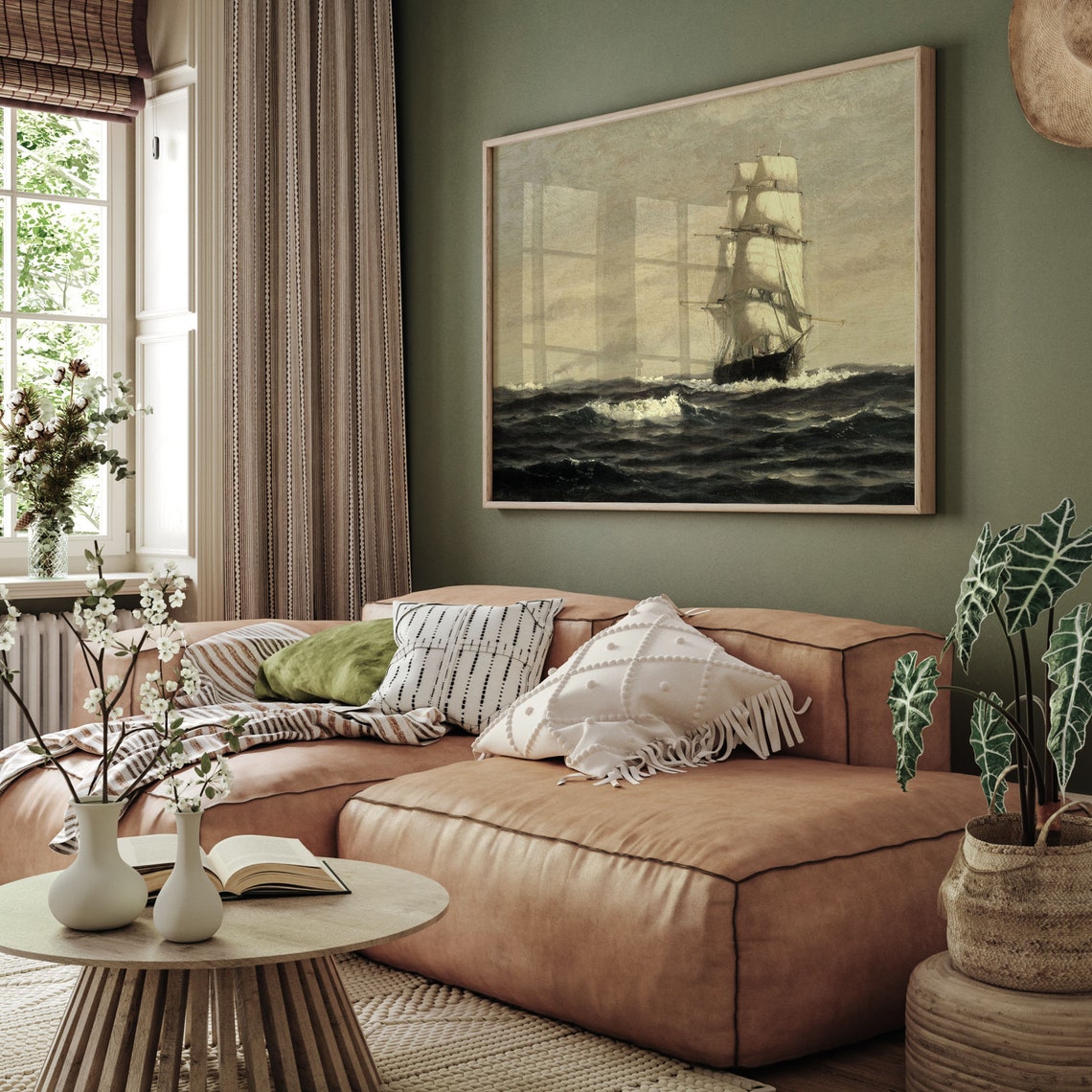 Antique Tall Ship Under Full Sail On A Dark Choppy Sea Painting Print - Image 2