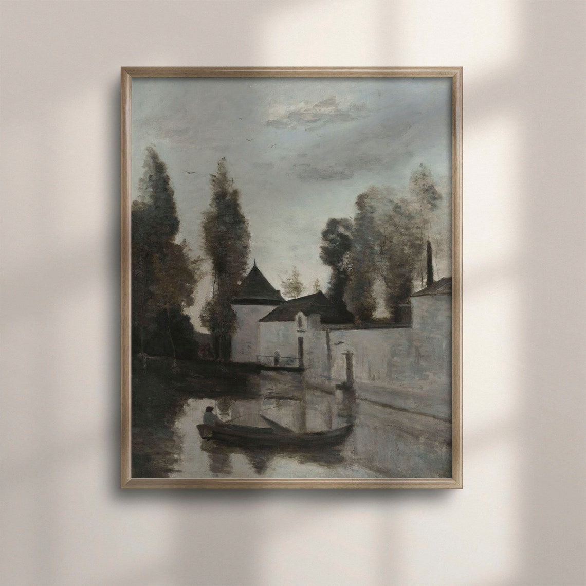 Tonalist River Painting with a Rowboat at Dusk Vintage Art Poster