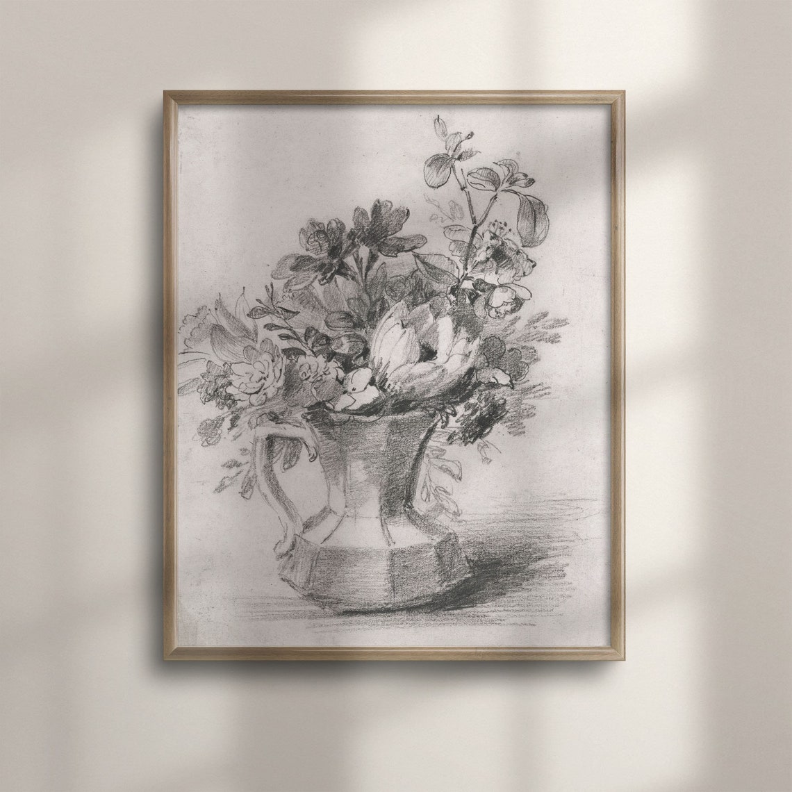 Flowers in Pitcher Pencil Sketch Vintage Botanical Drawing Poster
