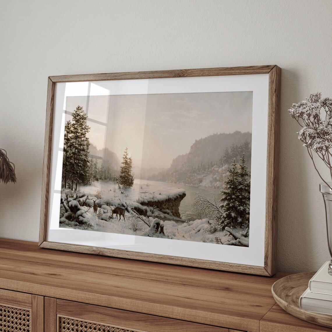 Winter Wonderland Deer Snowy Pines Frozen River Vintage Landscape Painting Poster - Image 4