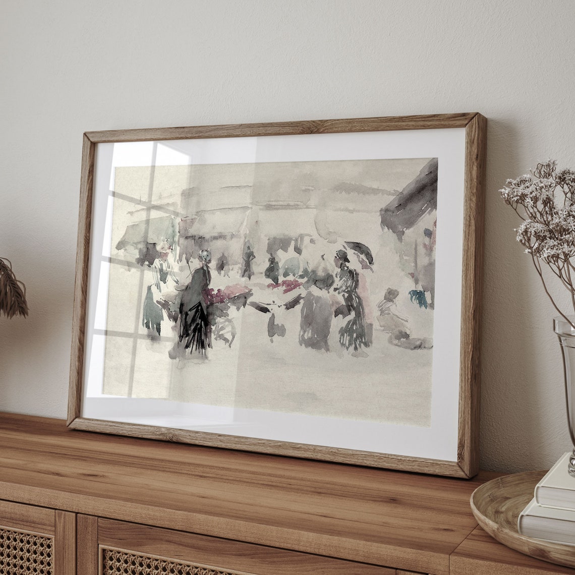 Flower Market Figures Neutral Antique Watercolor Market Scene Poster - Image 4
