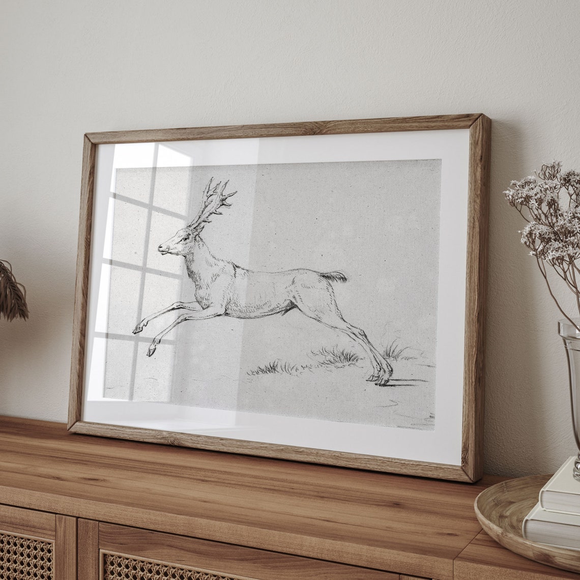 Leaping Stag Antique Pencil Sketch Neutral Wildlife Drawing Poster - Image 4