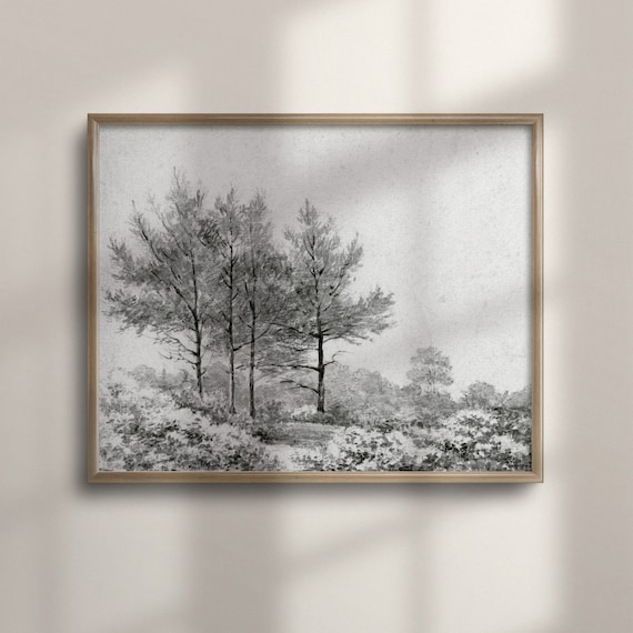Vintage Country Landscape Sketch, Neutral Farmhouse Print