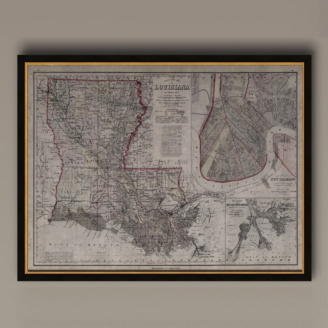 Louisiana Vintage Map Wall Art Print, 19th C