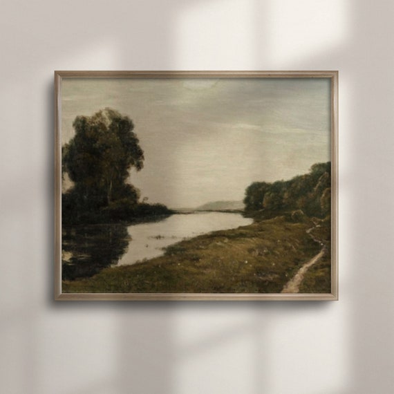 Antique Country And River Landscape Oil Painting Vintage Wall Art Farmhouse Decor Meadow Scenery C16 575