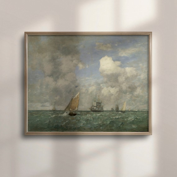 Tall Ships at Sea Antique Nautical Sailboat Oil Painting Poster